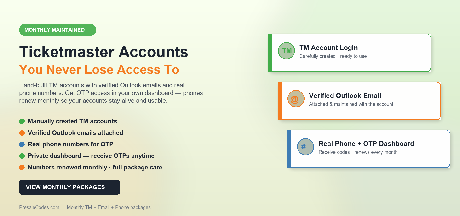 Ticketmaster accounts with Outlook emails, real phone numbers, and OTP dashboard